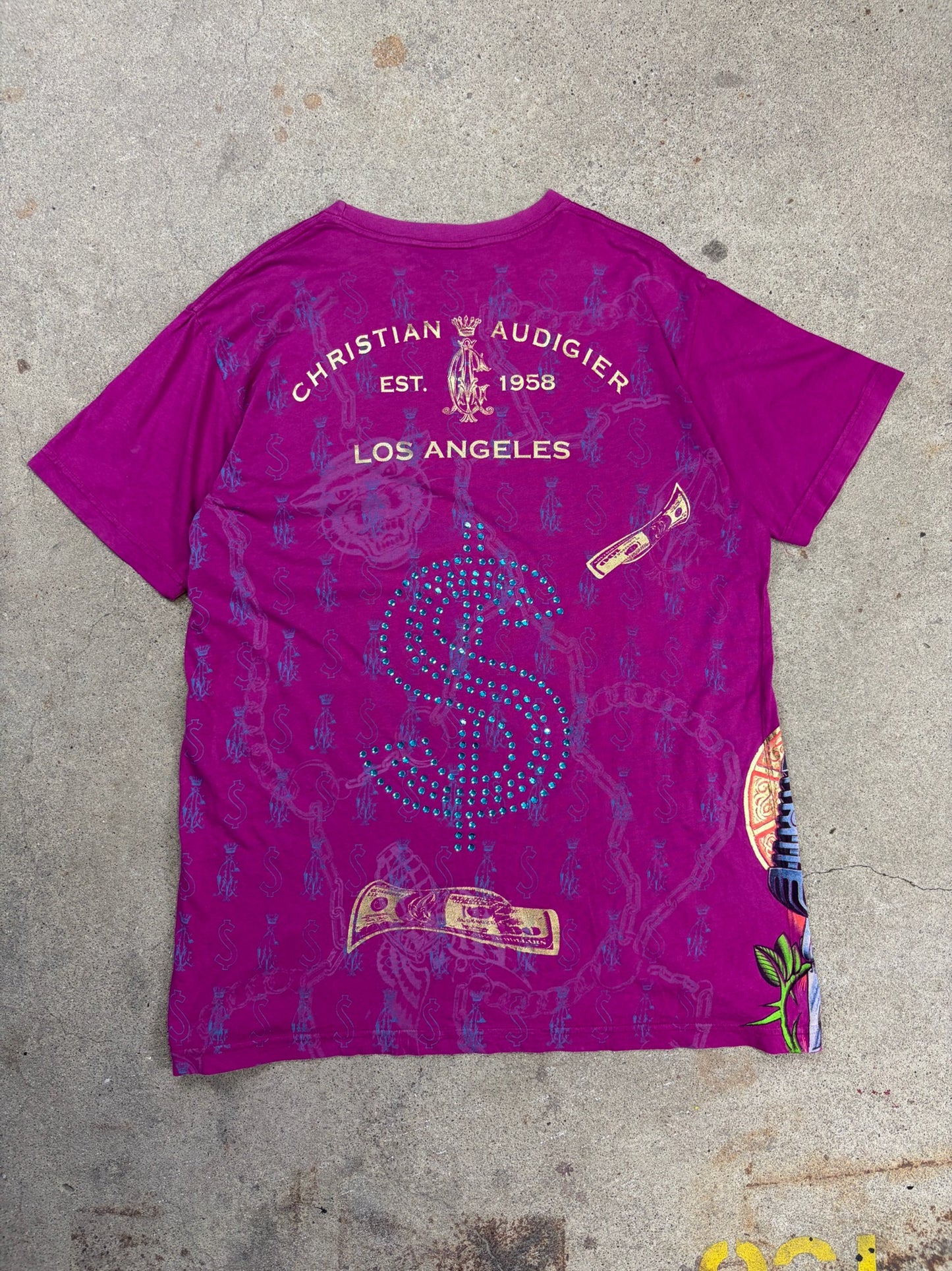 Christian Audigier Pink Rhinestone T-Shirt | XL