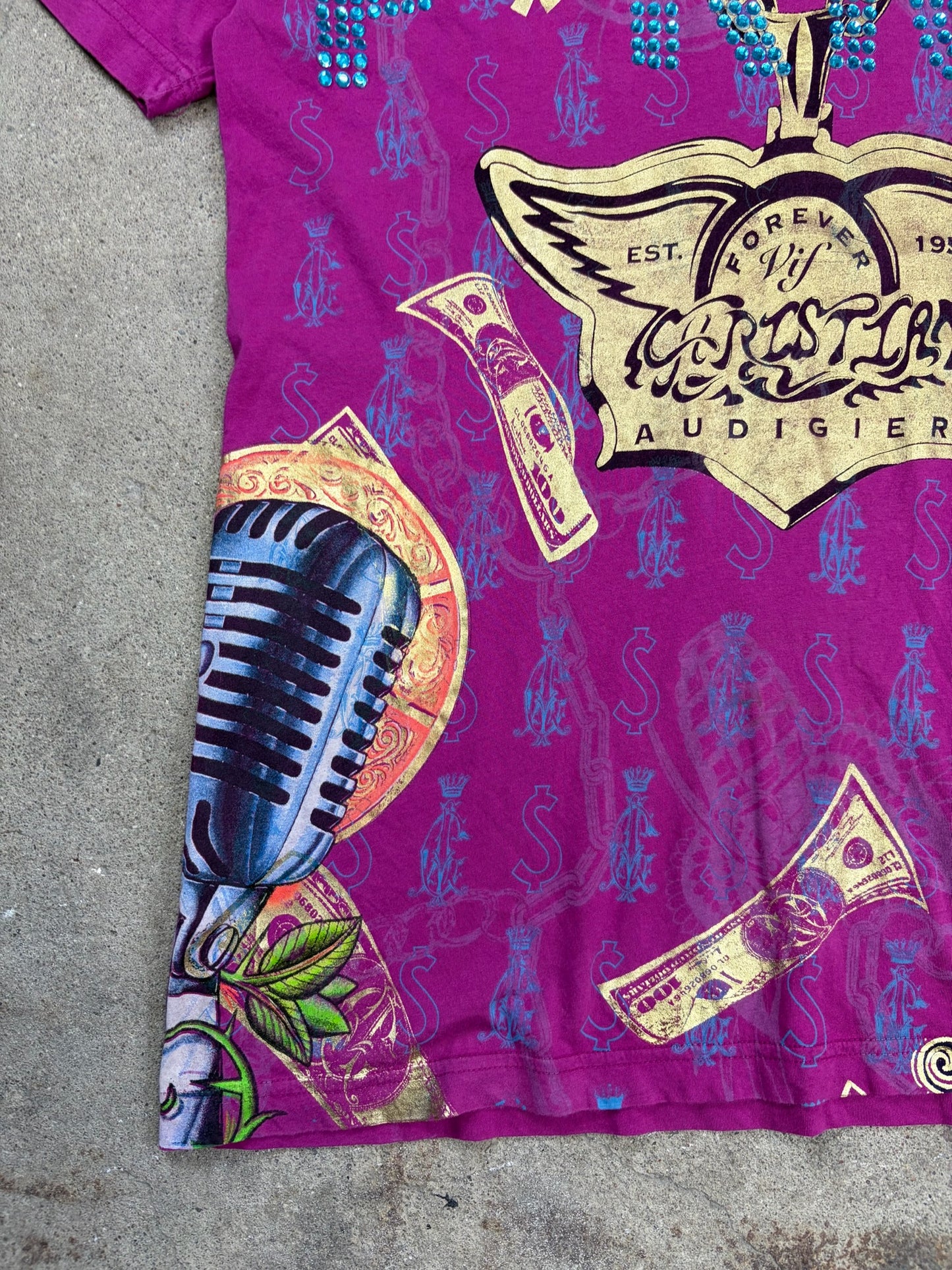 Christian Audigier Pink Rhinestone T-Shirt | XL
