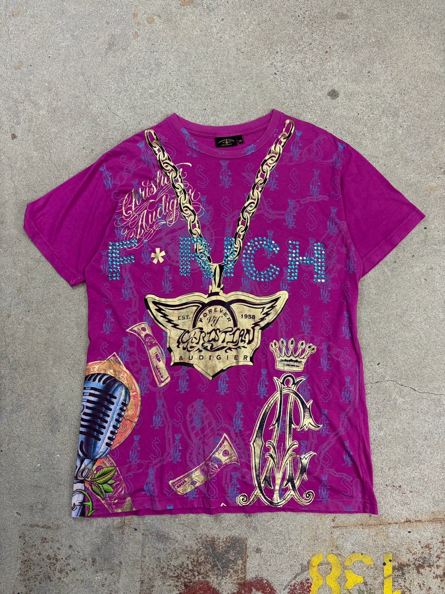 Christian Audigier Pink Rhinestone T-Shirt | XL