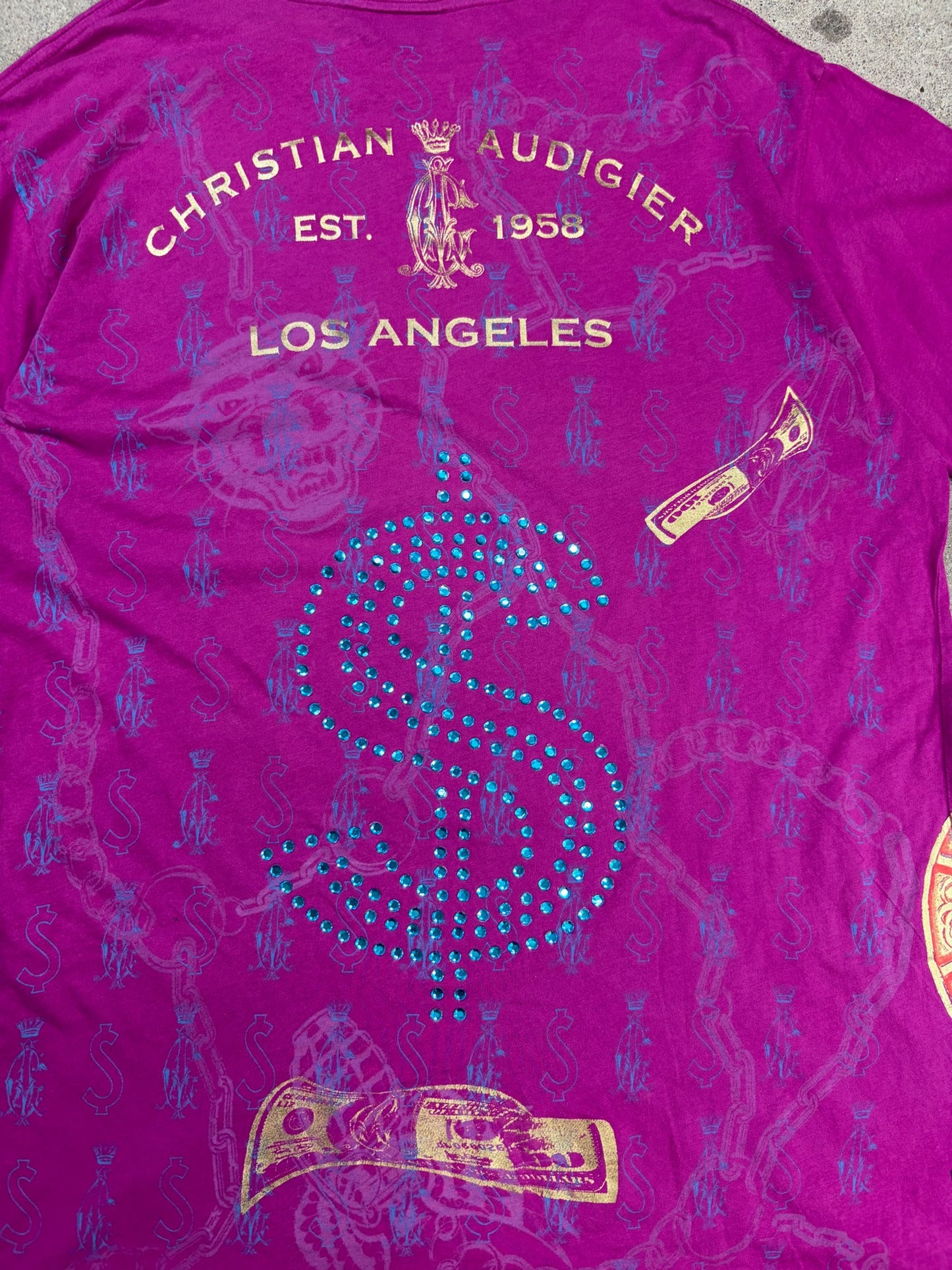 Christian Audigier Pink Rhinestone T-Shirt | XL