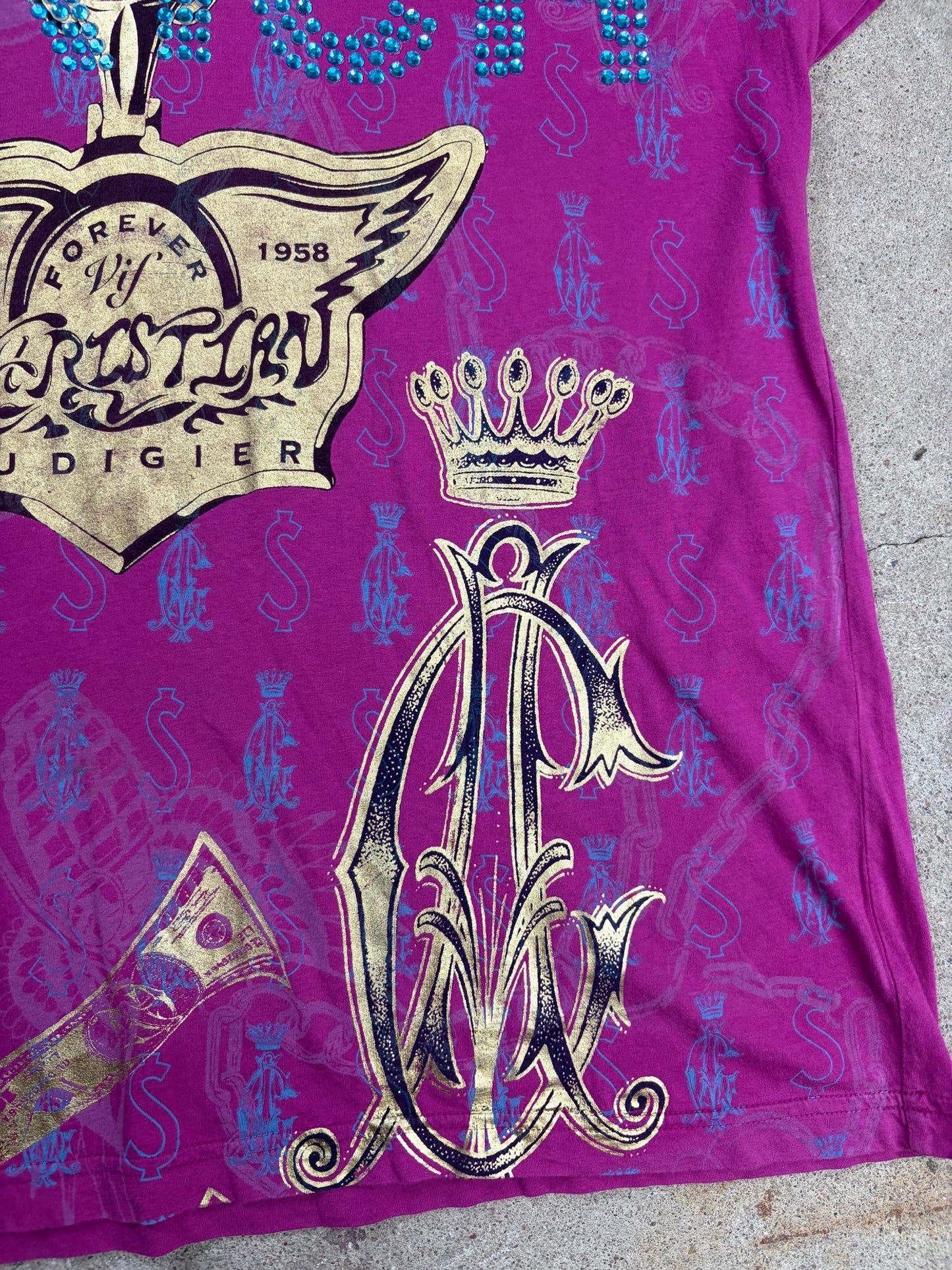 Christian Audigier Pink Rhinestone T-Shirt | XL