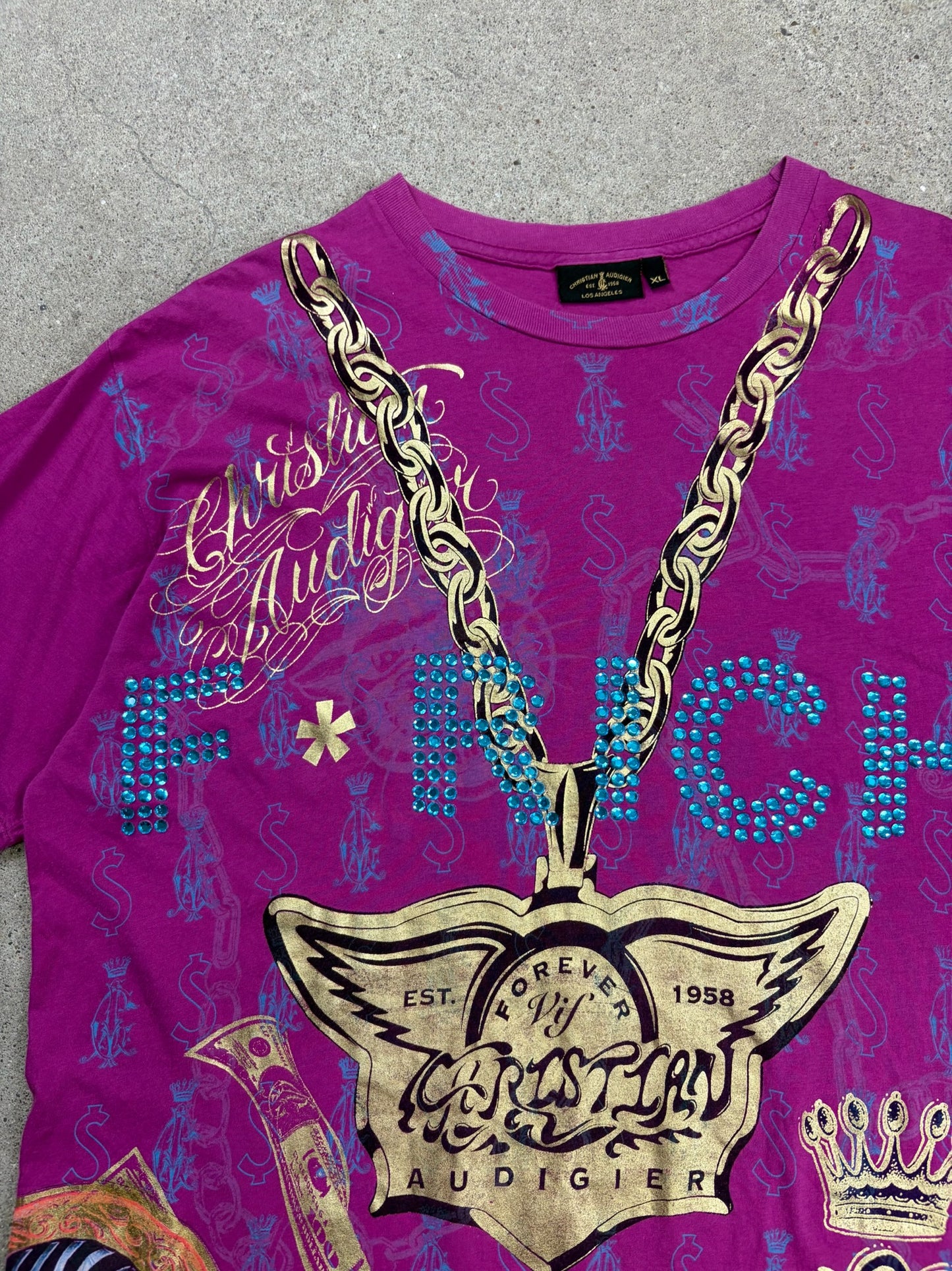 Christian Audigier Pink Rhinestone T-Shirt | XL